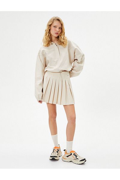 Koton Parachute Hooded Crop Sweatshirt Half Button Elastic Waist Long Balloon Sleeve Cotton