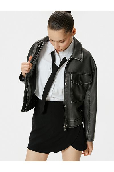 Koton Faux Leather Jacket Distressed Look Zippered Shirt Collar Pocket
