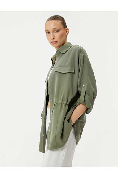 Koton Seasonal Jacket Shirt Collar Drawstring Waist Folded Sleeve Viscose