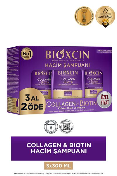 Bioxcin Šampon pro extra objem kolagenu a biotinu 3 x 300 ml Kup 3 Získejte 2 – Kolagen Biotin pro tenké a řídké vlasy