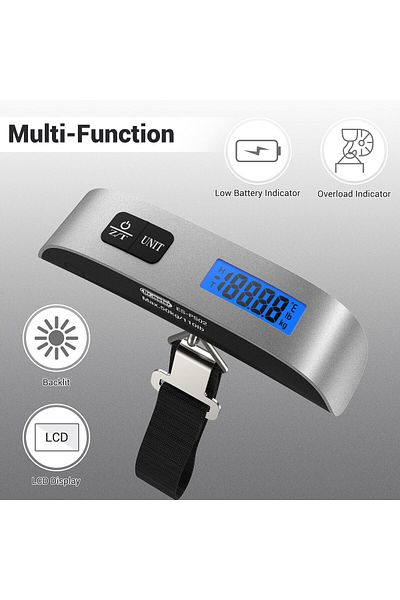 AWH LCD Luggage Scale, 110lb/50kg Digital Hanging Scale, Rubber Handle, Temp Sensor, Silver/Black