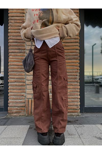 KOTOLOG Urban γυναικείο καφέ τζιν με φαρδύ λινό ύφασμα Streetwear Cargo Pants I Συλλογή Y2k