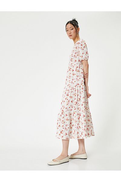 Koton Maxi Floral Dress Short Balloon Sleeve Double Breasted Collar
