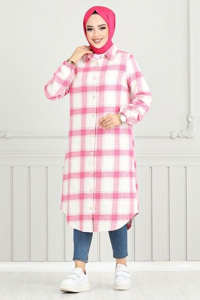 ModaMerve Pink Plaid Tunic - Front Button, Model 4446Ktr927-M