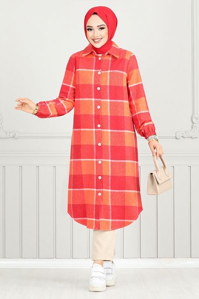 ModaMerve Plaid Tunic 4446Ktr927-M Red&Orange - Front Button