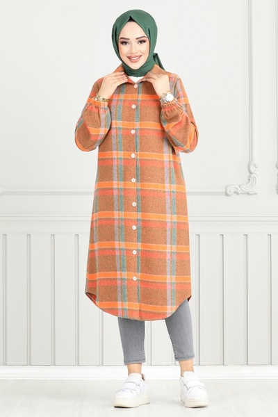 ModaMerve Orange Plaid Tunic - Front Button, 4446Ktr927-M