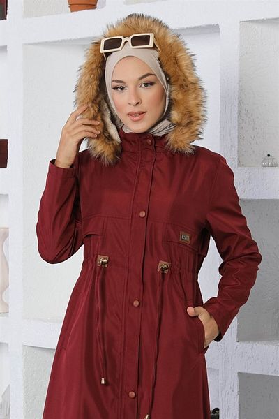 ModaMerve Claret Red Coat - Lacing Detail, Mi̇h15800