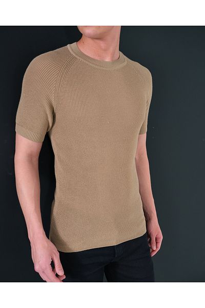 elkumoda Slim Fit Βαμβακερό πλεκτό T-Shirt Slim Fit Crew Neck T-shirt