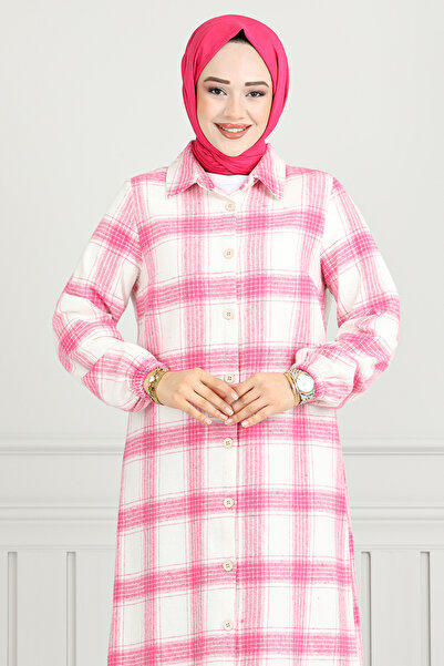 ModaMerve Pink Plaid Tunic - Front Button, Model 4446Ktr927-M