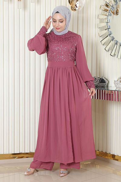 ModaMerve Dusty Rose Chiffon Set - Sequin Detailed Mi̇h19190