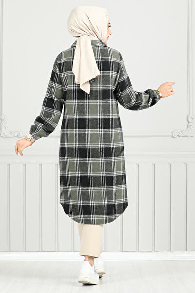 ModaMerve Front Button Plaid Tunic 4446Ktr927-M Khaki&Black
