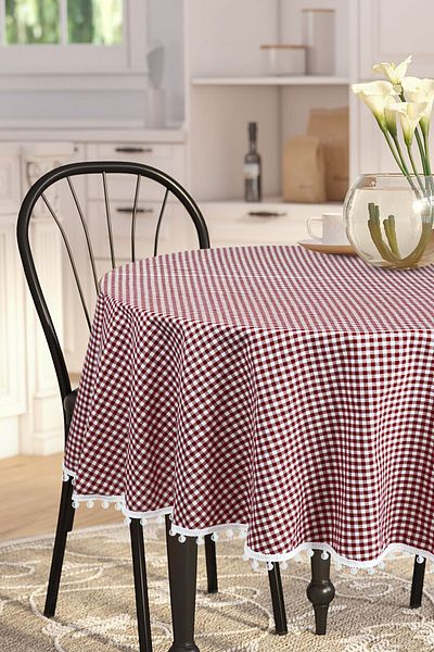 Soft Kare Bommel Gingham Round Pompom Tablecloth Gingham Round
