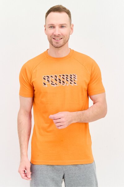 Puma Men Sportswear Fit Brand Logo Short Sleeves Outdoor T-Shirt, Orange