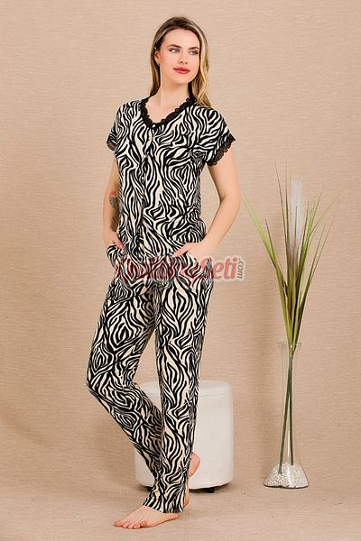 quilling Black Color and Zebra Print Lady 12497 Cotton Viscose Women's Short Sleeve Pajamas Set