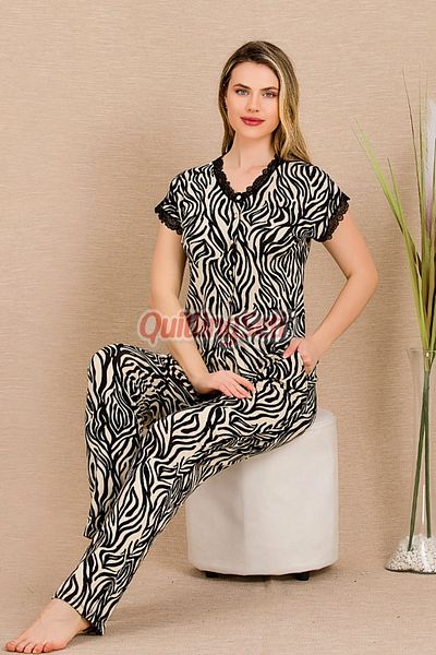 quilling Black Color and Zebra Print Lady 12497 Cotton Viscose Women's Short Sleeve Pajamas Set