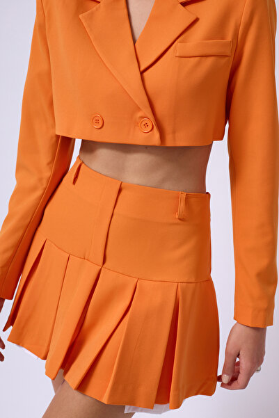 Black Fashion Crop Skirt and Orange Jacket Set - Pleated
