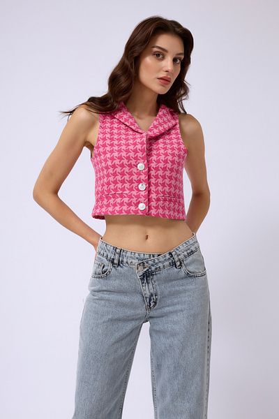 Black Fashion Fuchsia Crop Vest - Houndstooth Design