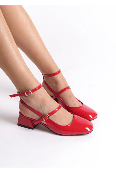 JVC Kadın Mary Jane Kırmızı  Rugan Kalın Topuklu Küt Burunlu Ayakkabı DAR KAL...