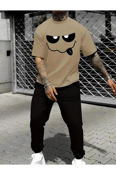 caddekombin Ανδρικό σετ φόρμας Jogger Camel - Μπλουζάκι με στάμπα με απόχρωση...