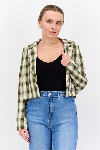 URBAN THREADS Women Notched Collar Long Sleeve Plaid Top, Olive
