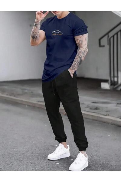 caddekombin Men's Navy Blue Tracksuit Set - Take Push Printed T-Shirt and Jog...