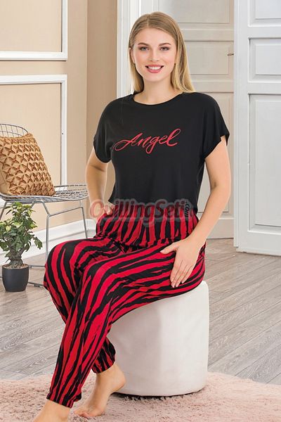 quilling Set pijamale pentru femei cu model zebră, negru și roșu - model 12559, mânecă scurtă, bumbac viscoză