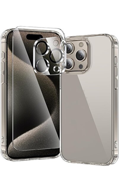 Evax (ŞEF+CAM+LENS) iPhone 15 Pro Uyumlu 1 Şeffaf Kılıf + 1 Ekran Koruyucu + ...