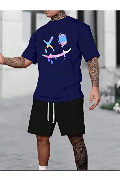 caddekombin Σύνολο κοντομάνικο μπλουζάκι και κοντό παντελόνι σε μαύρο και μπλ...