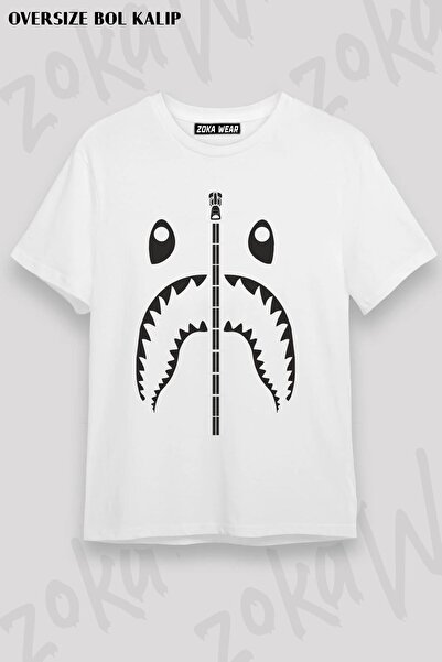 ZOKAWEAR Tricou imprimat unisex oversize bape shark cu fermoar