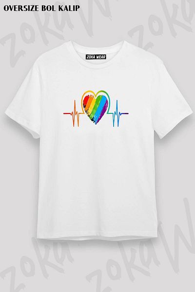 ZOKAWEAR Μπλουζάκι με στάμπα Unisex Oversize Rainbow Pulse Colorful Heart Design