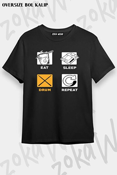 ZOKAWEAR Tricou imprimat unisex oversize Drum Eat Sleep Drum Repeat Design