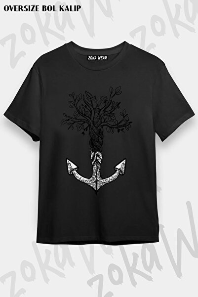 ZOKAWEAR Tricou imprimat unisex oversize cu design de copac și ancoră