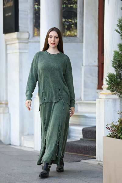 Sosyete Kaplumbağa Otantik Triko %100 Pamuk Bağcık Detaylı Bluz Etek Ikili Takım