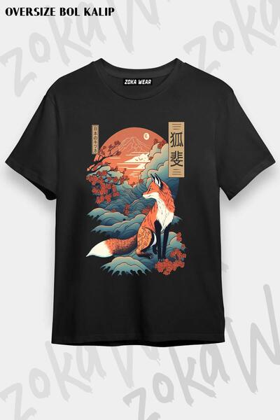 ZOKAWEAR Tricou unisex oversize cu imprimeu japonez Fox 5 Design