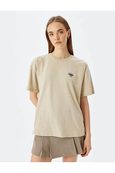 Koton Koala Embroidered Short Sleeve Beige Women's T-Shirt 5Sal10133Ik