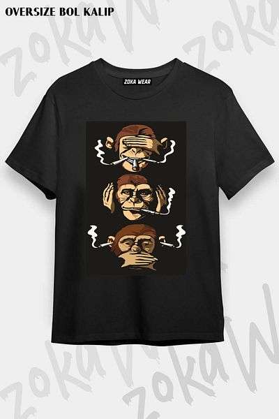 ZOKAWEAR Μπλουζάκι με στάμπα Unisex Oversize Smoker 3 Monkeys με θέμα το σχέδιο