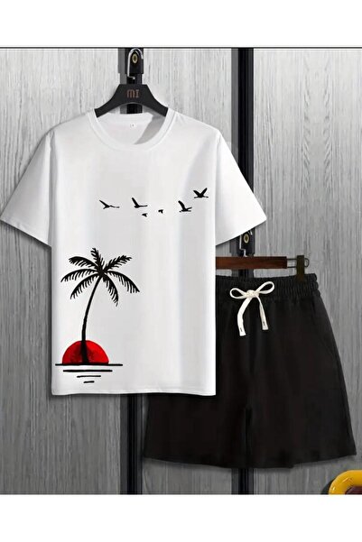 caddekombin Black Palm Printed Comfortable T-Shirt - Short Loose Leg and Whit...