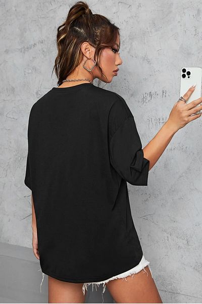 Frisson Unisex Black Crew Neck New York Printed Oversize T-Shirt
