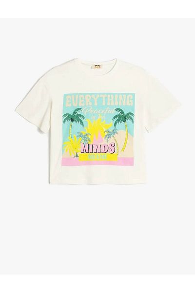 Koton Tropical Printed Ecru Girl's T-Shirt 5Skg10141Ak