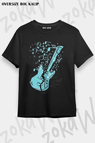 ZOKAWEAR Unisex Oversize Kalıp Elektro Gitar v5 Tasarım Baskılı Tshirt