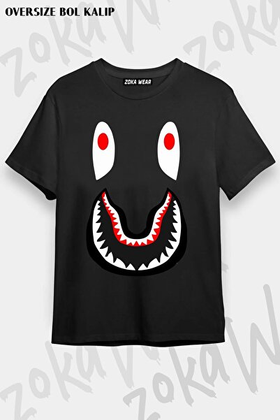 ZOKAWEAR تي شيرت مطبوع بتصميم وجه مبتسم من Bape Shark مقاس كبير للجنسين