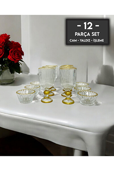 gkzglass home dekor New Year Darin Cam Yaldızlı Kahve Yanı Su Bardağı Sunum Seti 12'li Set