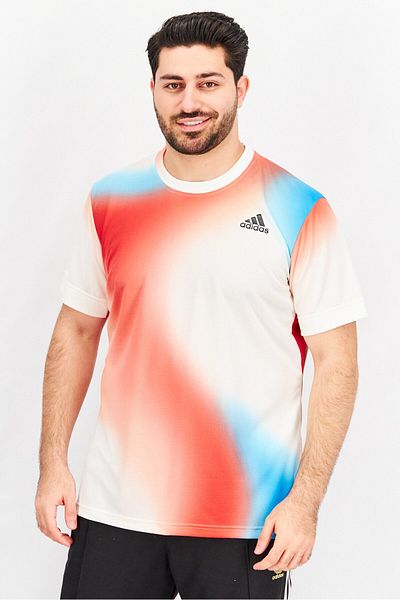 adidas Men Sportswear Crew Neck Brand Short Sleeve Shirt, Red/white
