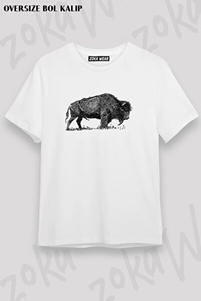 ZOKAWEAR تي شيرت مطبوع بتصميم رسم بوفالو بيسون فاميلي مقاس كبير للجنسين