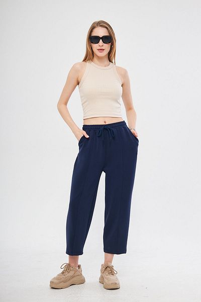 THIFF GYMWEAR Navy Blue Ultra Soft, Stitching Detailed Carrot Cut Lace Up Elastic Ankle Length Women's Modal Trousers