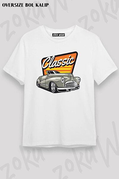 ZOKAWEAR Tricou imprimat unisex oversize, mașină clasică, desen clasic, design