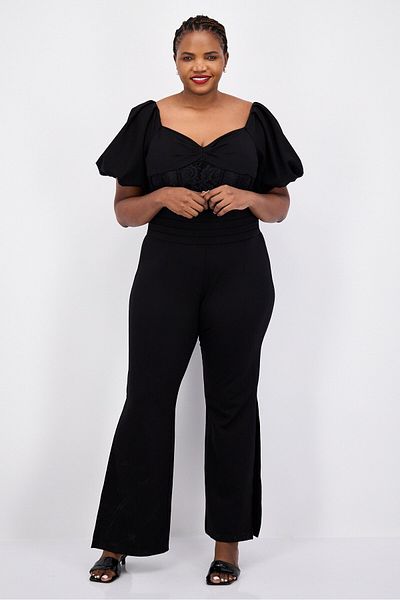 Yaura Women Plus Size Textured Lace Puffed Sleeve Jumpsuit, Black
