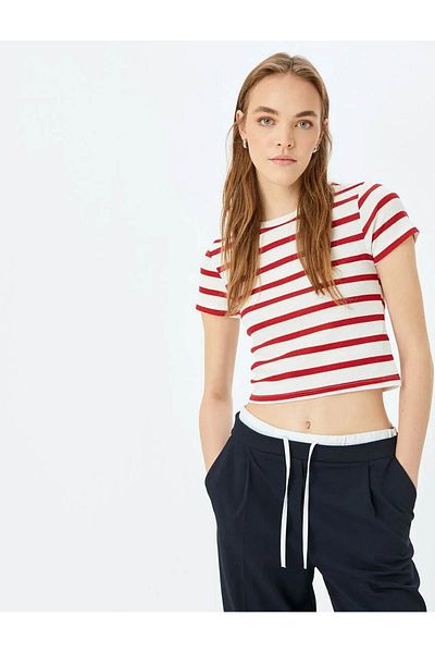 Koton Basic Striped Crew Neck Short Sleeve Camisole Slim Fit Women's T-Shirt