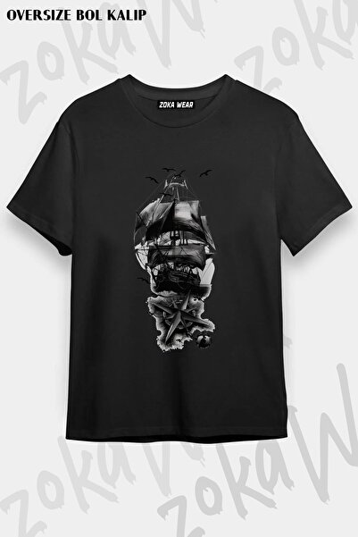 ZOKAWEAR Tricou imprimat unisex oversize cu design navă Pirații din Caraibe