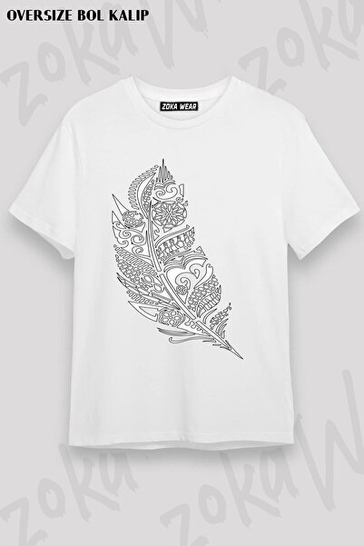 ZOKAWEAR تي شيرت مطبوع بتصميم ريش أسود كبير الحجم للجنسين